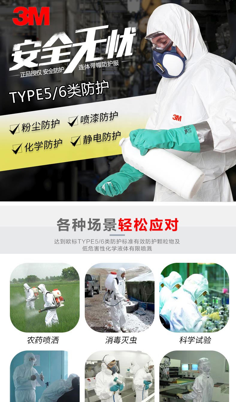 3M 4515白色帶帽連體防護服